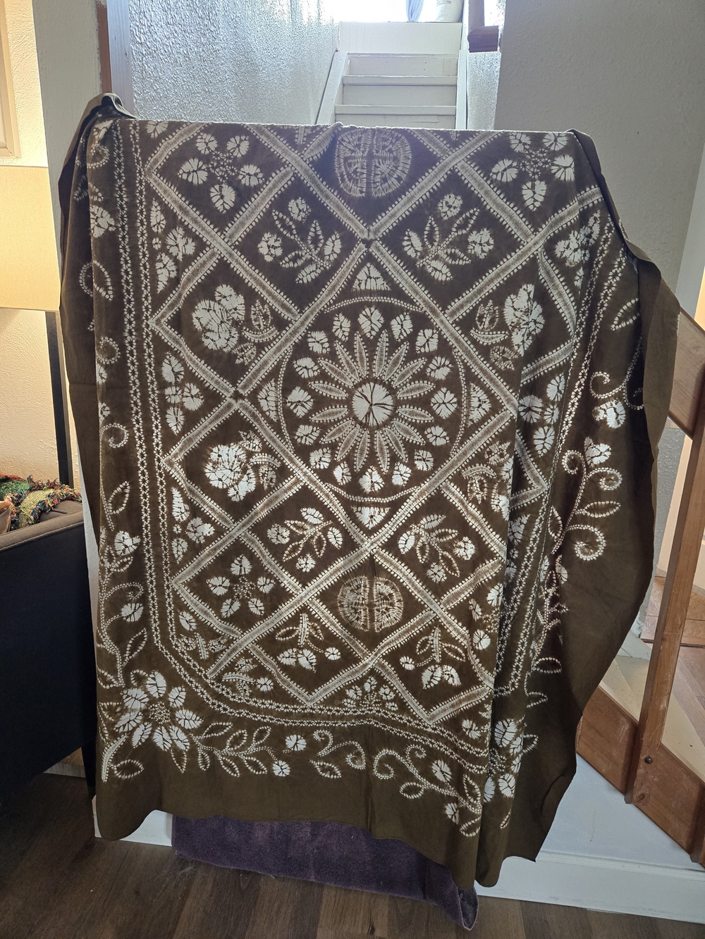 Boho Green and White Floral Block-Print Table Cloth Or Tapestry Fabric